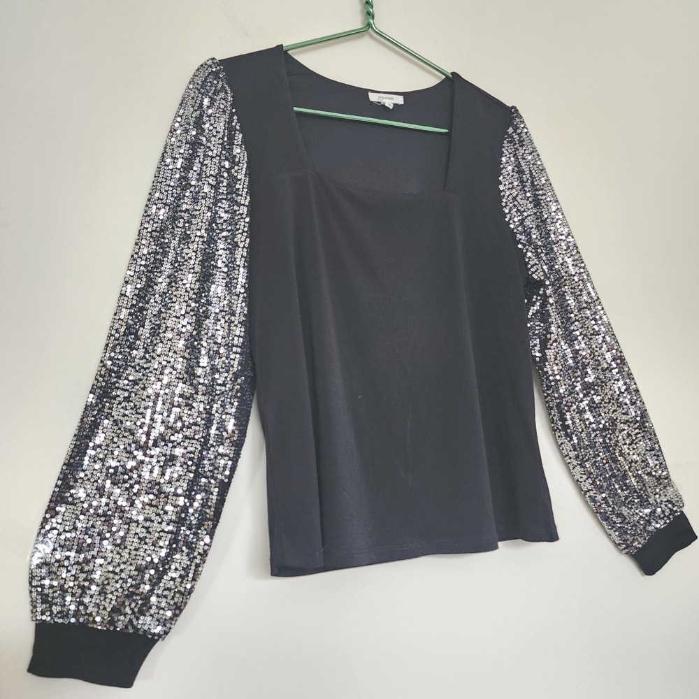 Maurices Womens Black Sequin Balloon Sleeve Blouse Top Silver M Party Holiday - Picture 4 of 10